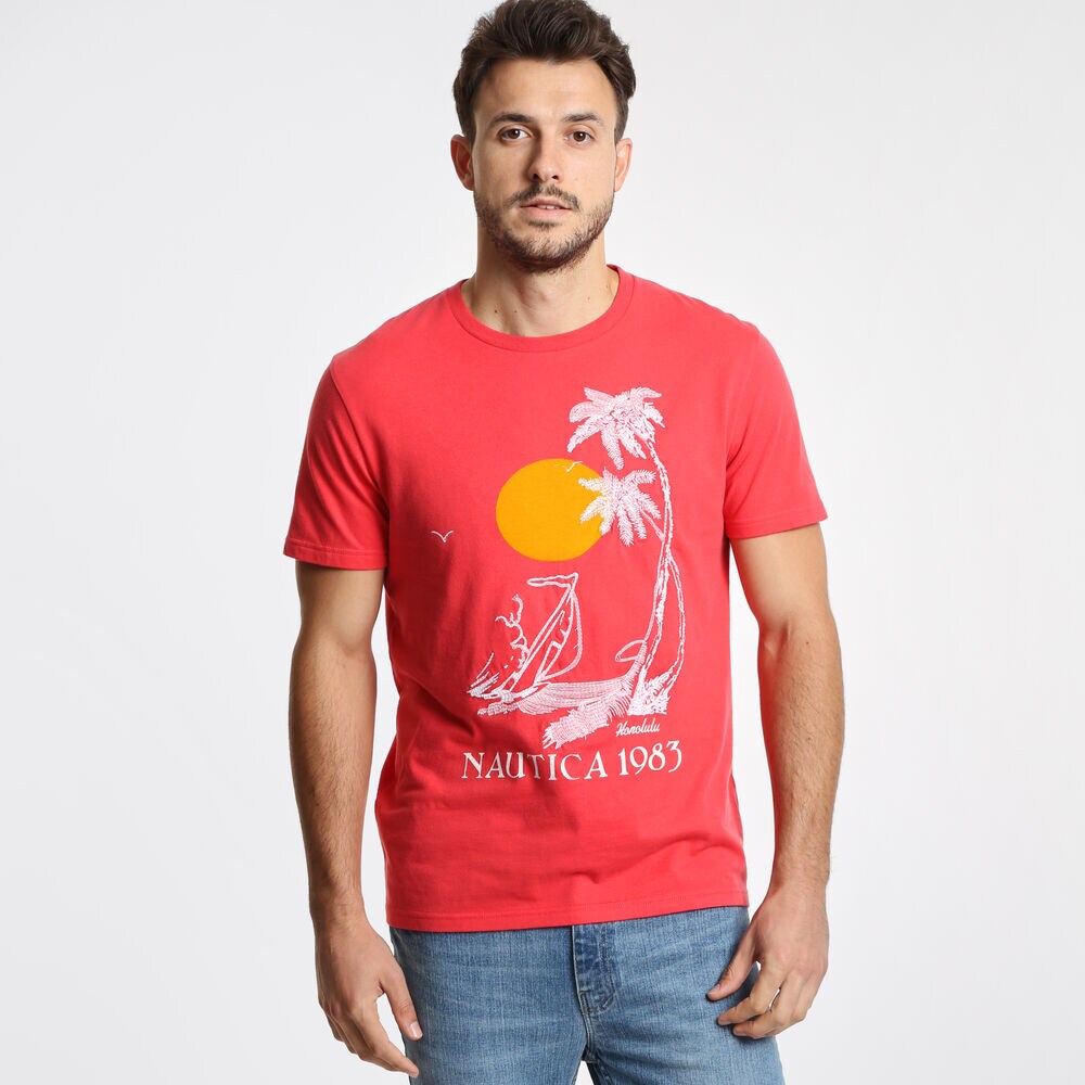 Vintage Palm Trees + Sun T-Shirt,Coral Cape,large