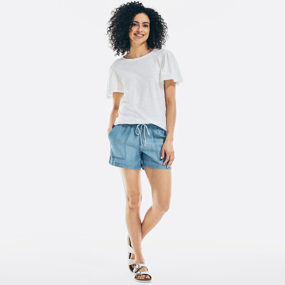 4.5" SUSTAINABLY CRAFTED PULL-ON DENIM SHORT,Distressed Blue Wash,large