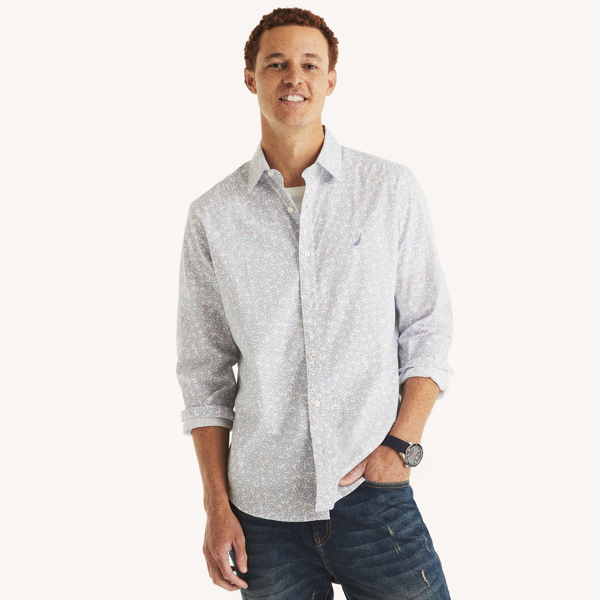 Classic Fit Wrinkle-Resistant Printed Shirt,Bright White,large