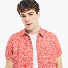 PAISLEY PRINT LINEN SHORT-SLEEVE SHIRT,Mineral Red,large
