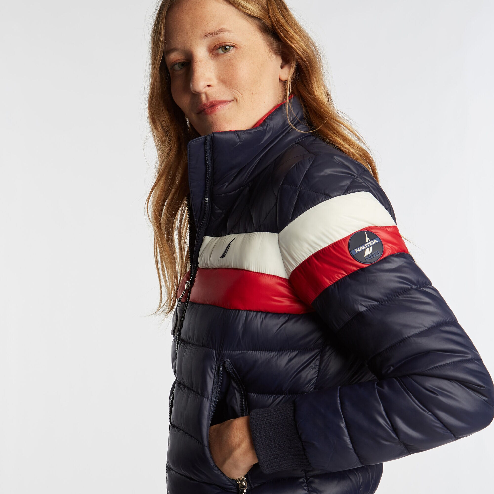 COLORBLOCK PUFFER JACKET WITH TEMPASPHERE,Stellar Blue Heather,large