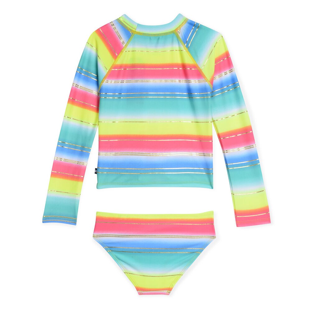 Girls' Rashguard Two-Piece Swimsuit in Multistripe,Butternut,large