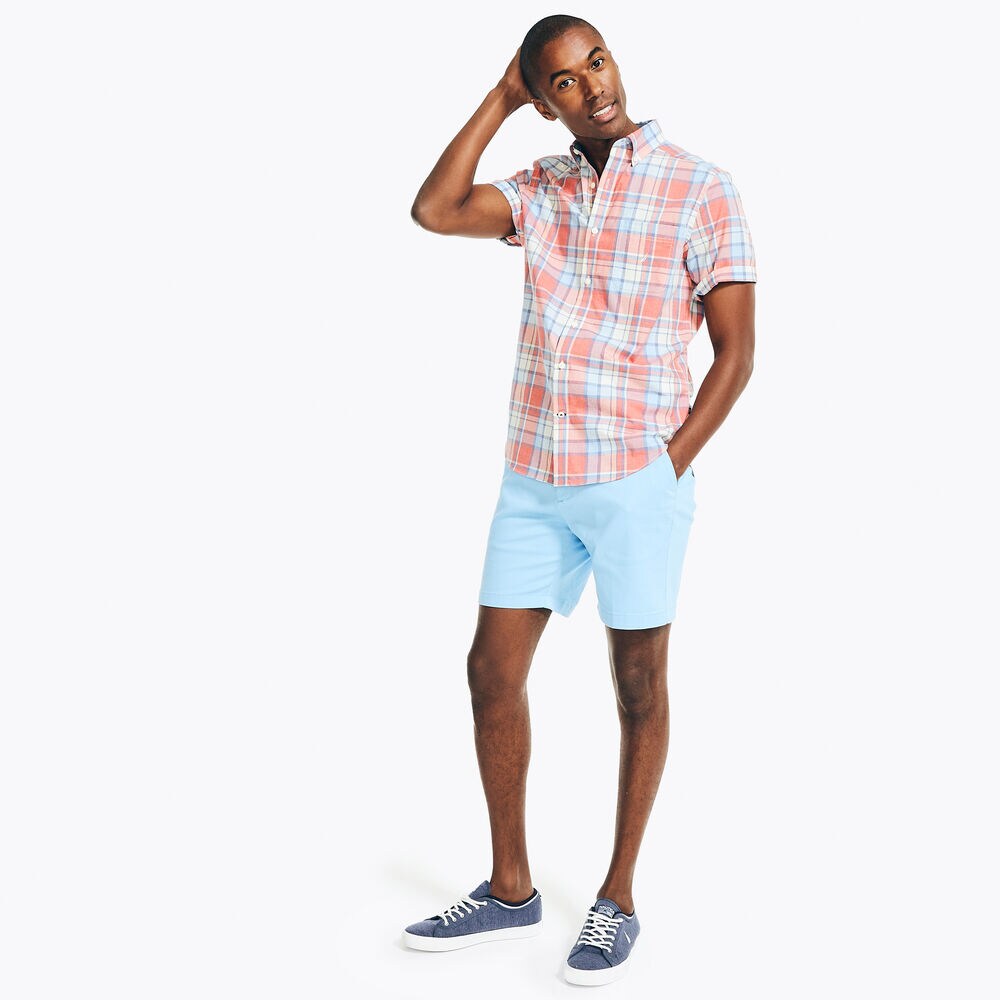 Heather Plaid Short-Sleeve Oxford Shirt,Sailor Red,large