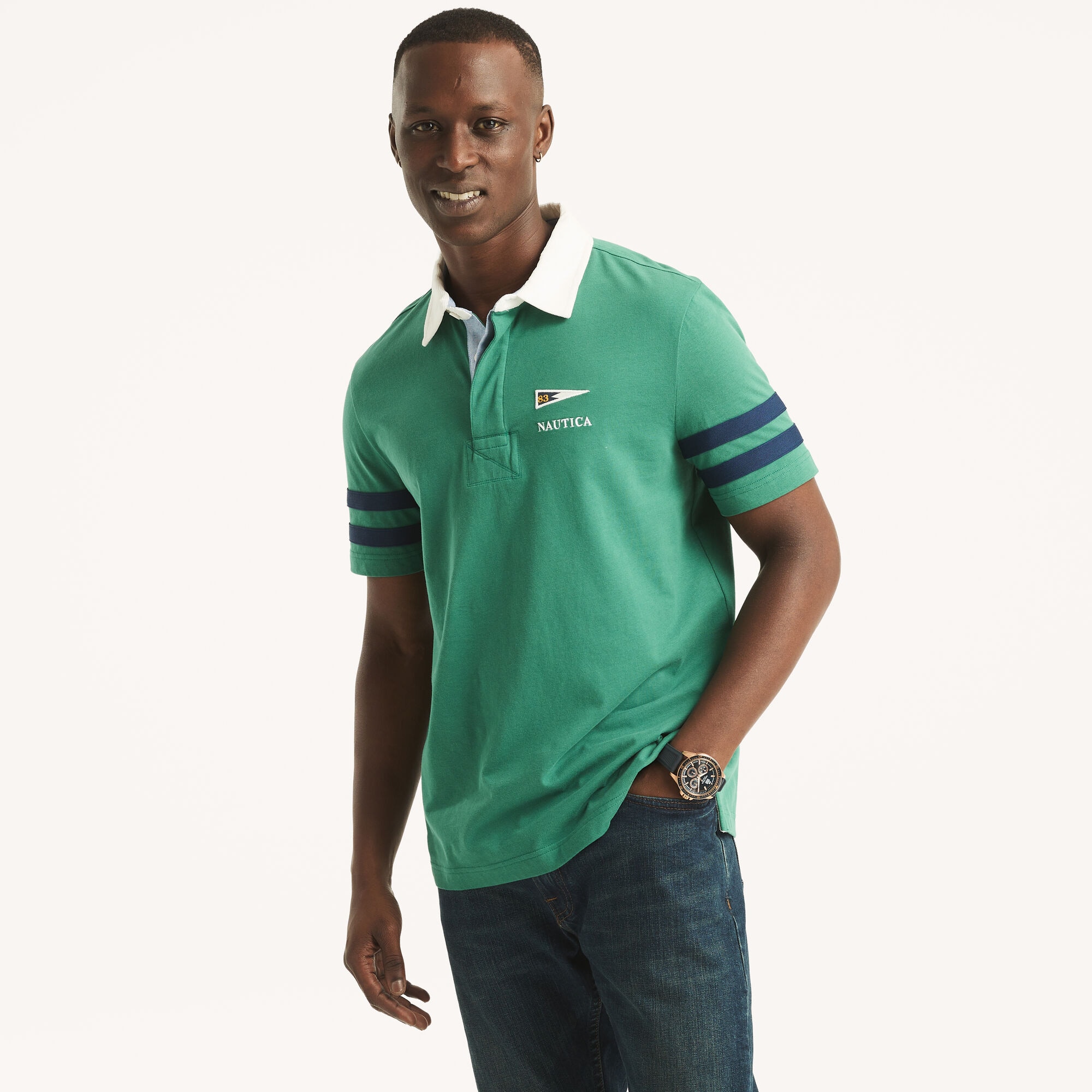 Classic Fit Striped Rugby Polo,Nile,large