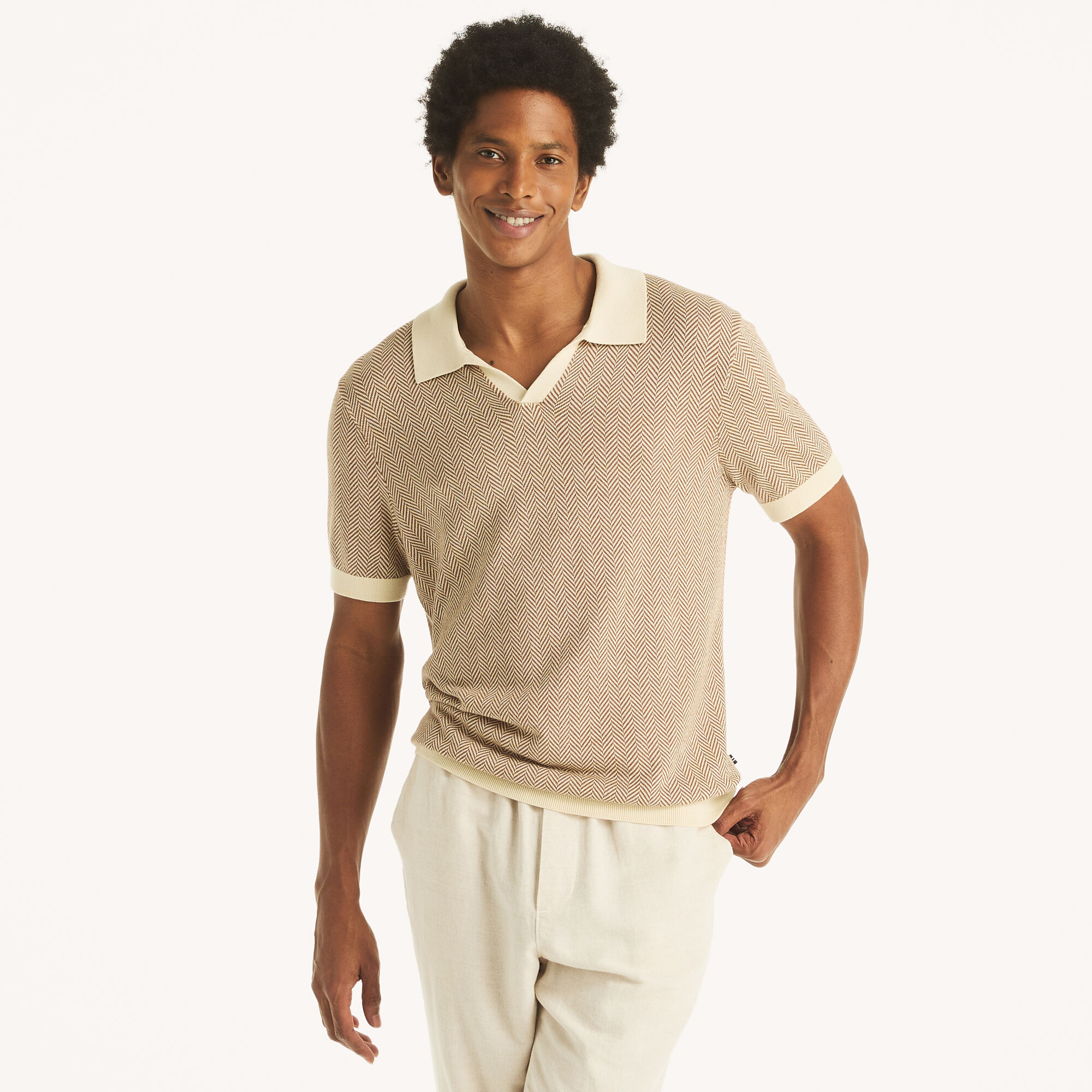 Herringbone Sweater Polo,Egret,large