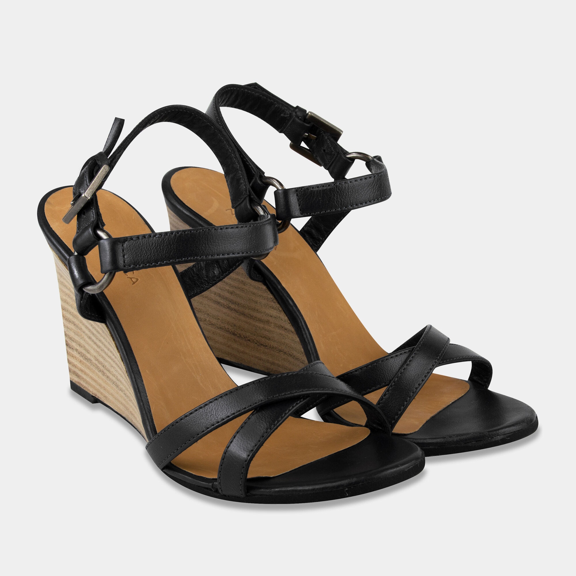 Isabella Strappy Leather Wedge,True Black,large