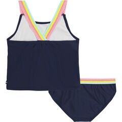 GIRLS' MULTICOLOR STRIPED LOGO AND STRAP TANKINI (8-16),Navy,large