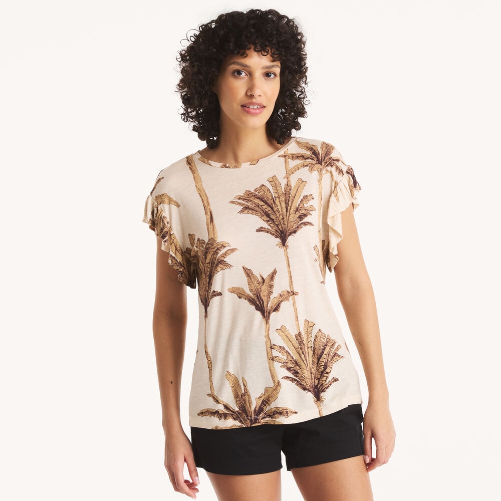 Printed Ruffle Sleeve T-Shirt,Marshmallow,large