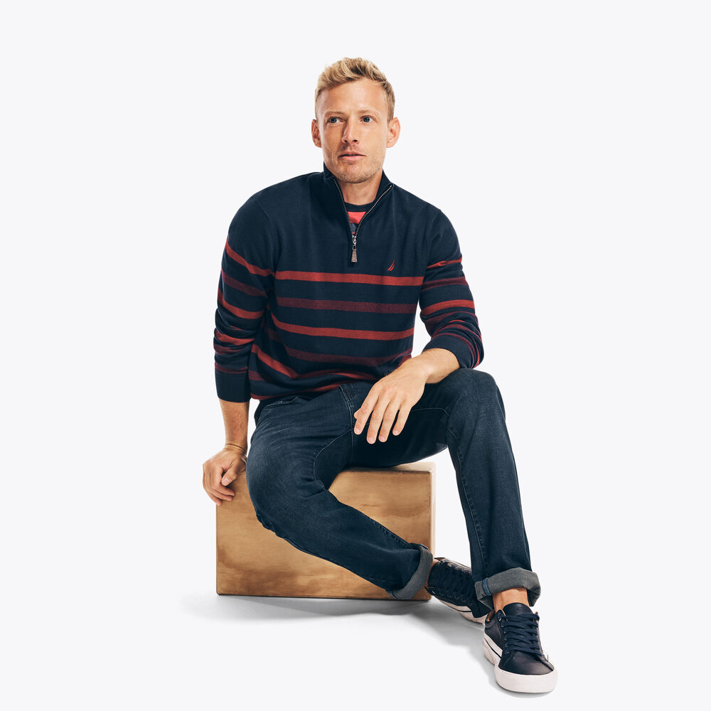 NAVTECH STRIPED QUARTER-ZIP SWEATER,Navy,large