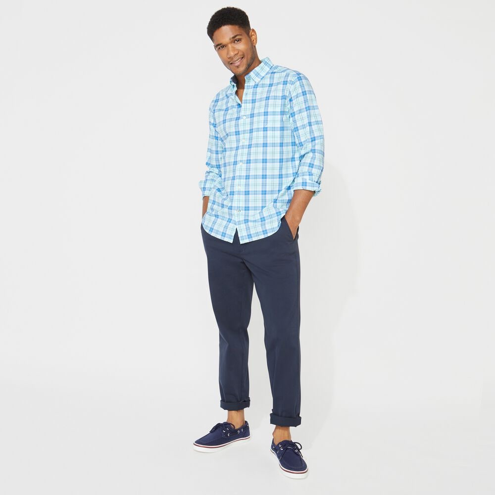BIG & TALL CLASSIC FIT PLAID LONG SLEEVE PRINT OXFORD SHIRT,Aquadream,large