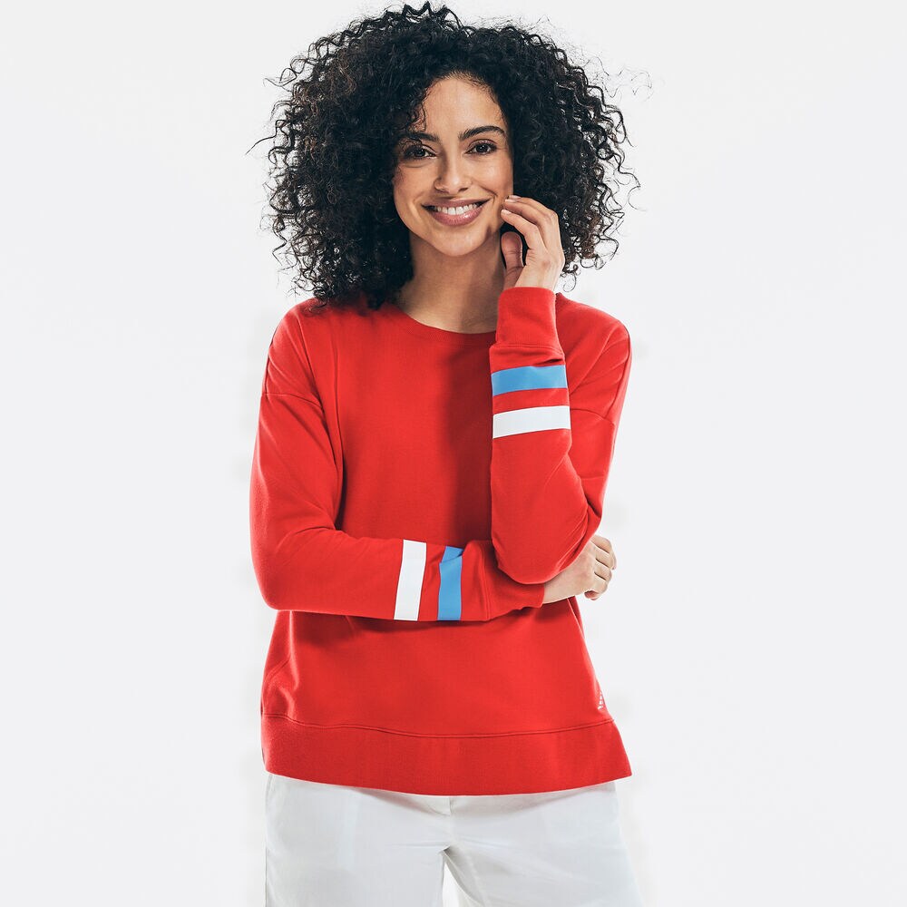 SUSTAINABLY CRAFTED STRIPED-SLEEVE SWEATSHIRT,Tomales Red,large