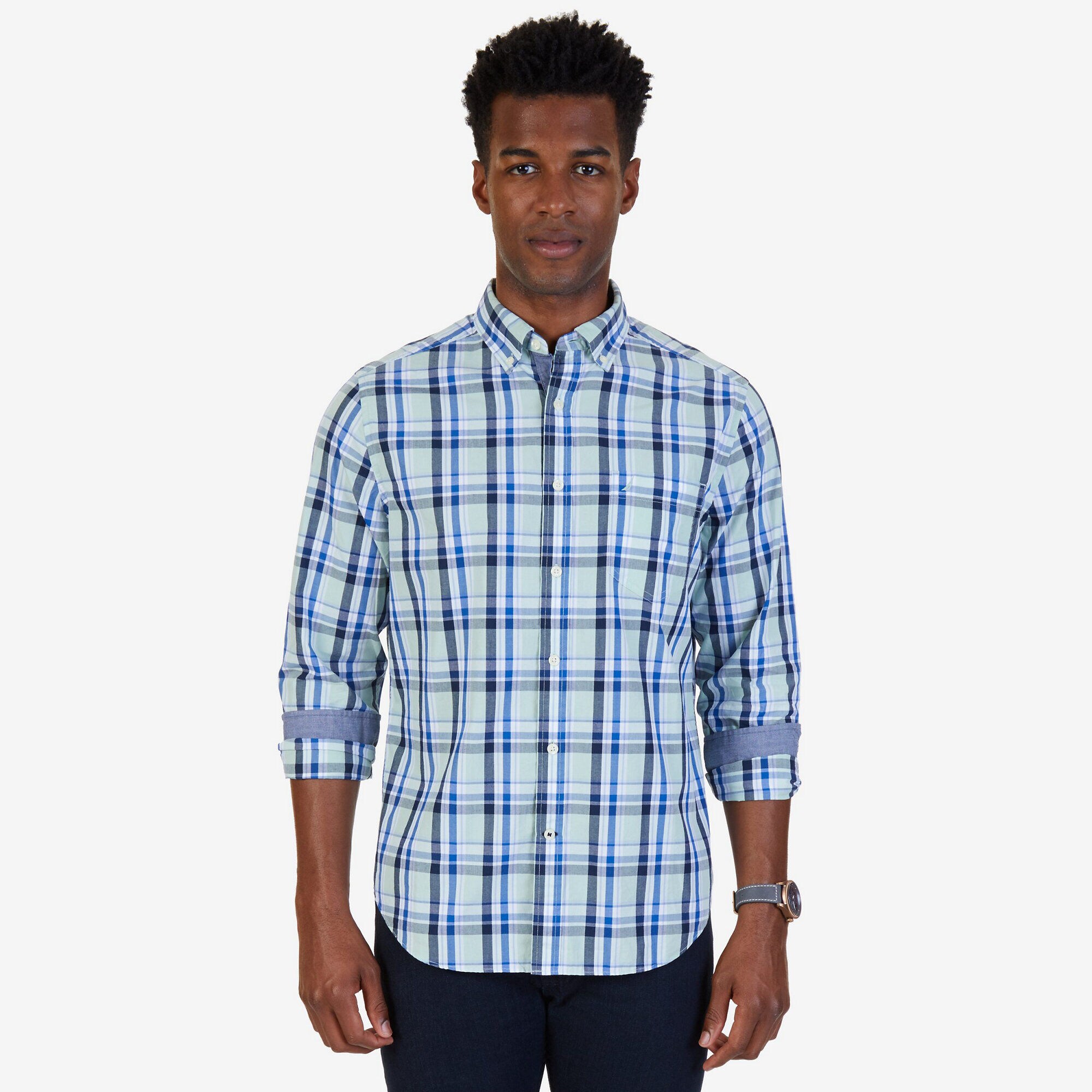 Plaid Poplin Classic Fit Button-Down Shirt,Flipper Jade,large