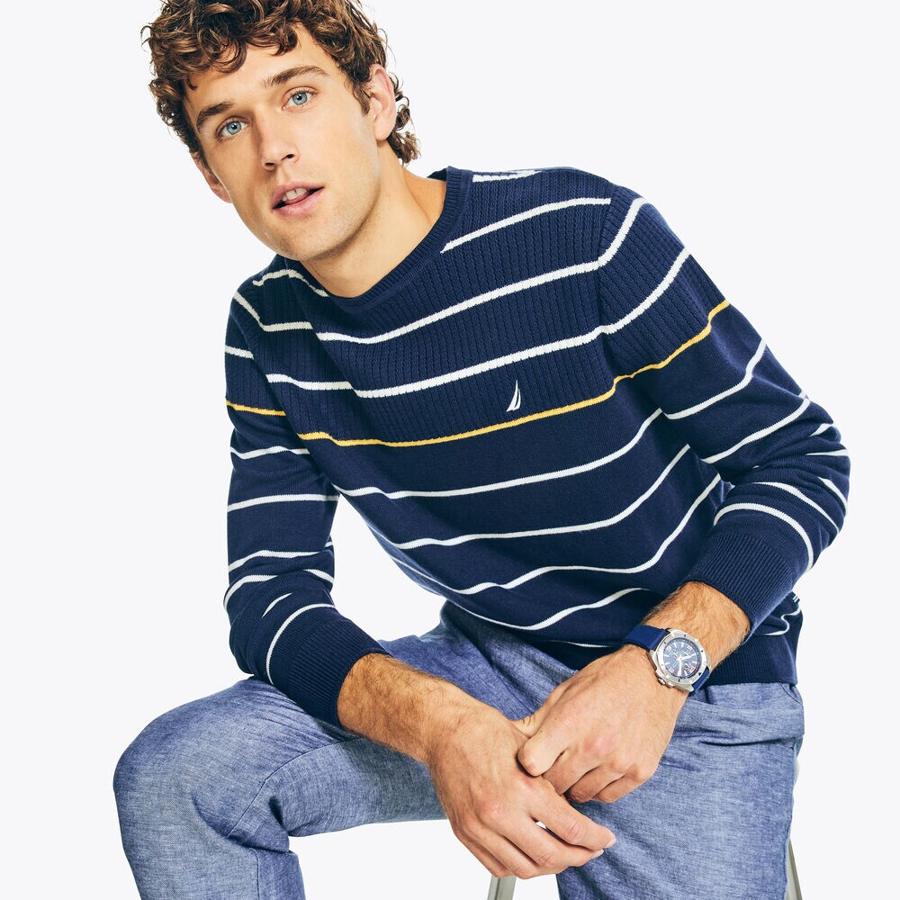 BIG & TALL STRIPED TEXTURED CREWNECK SWEATER,Stellar Blue Heather,large