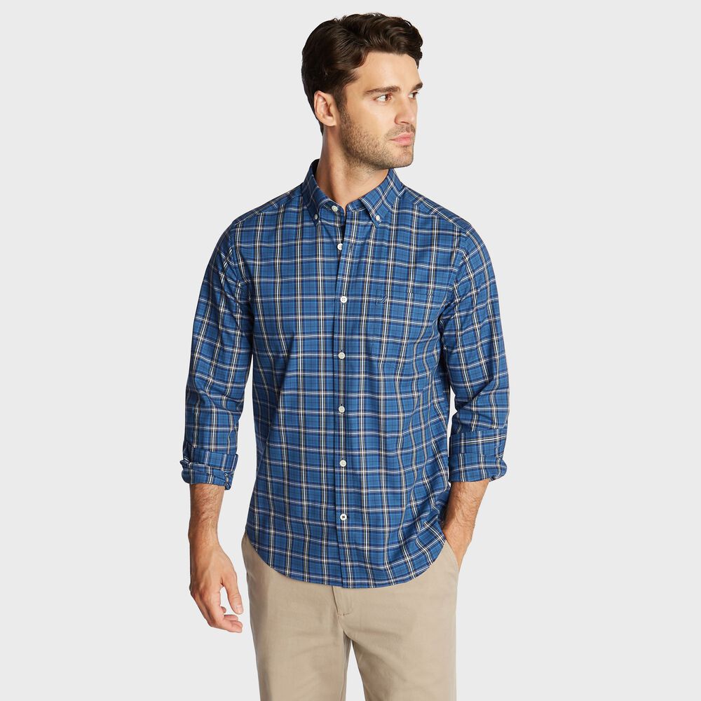 BIG & TALL STRETCH POPLIN PLAID SHIRT,Ensign Blue,large