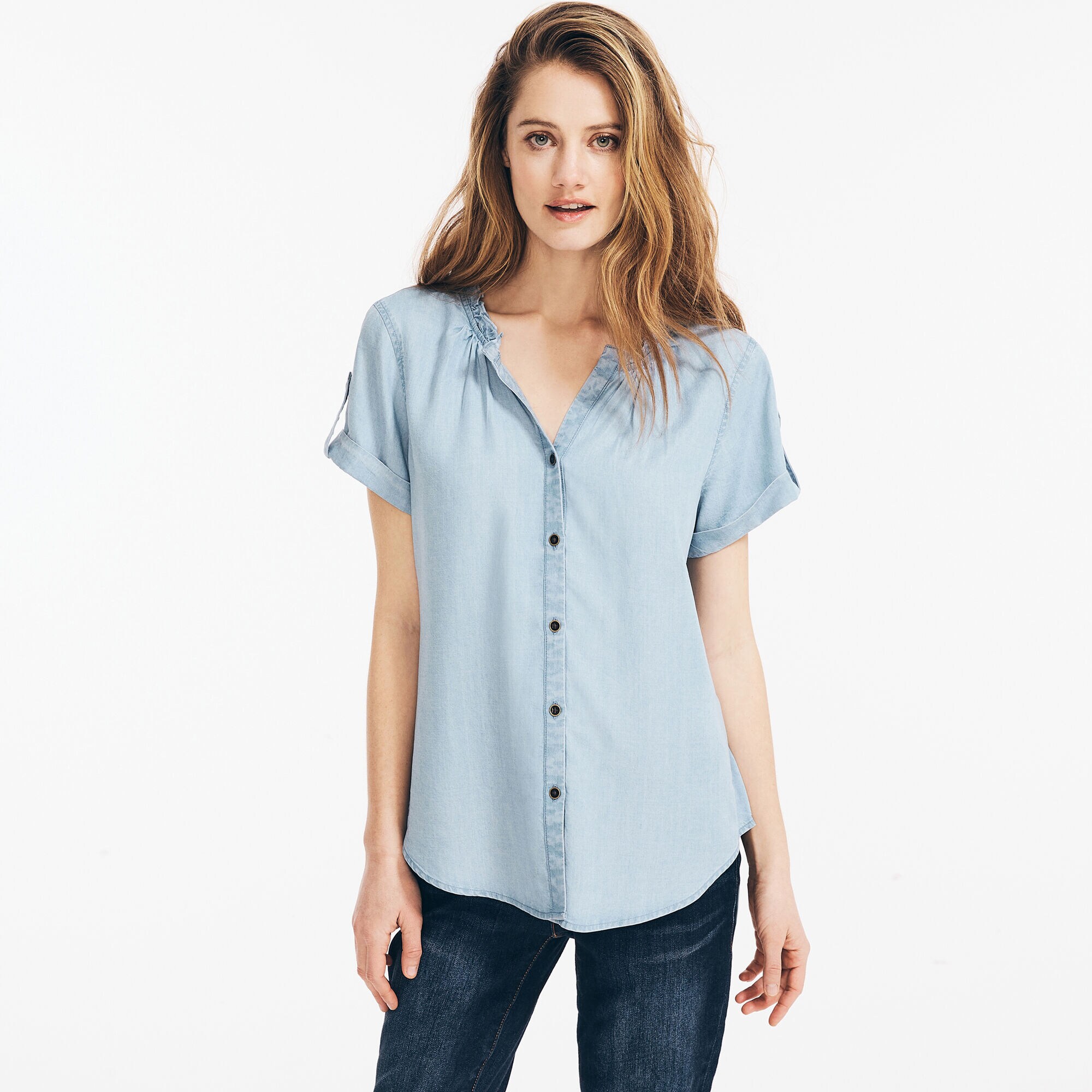 SUSTAINABLY CRAFTED RUFFLED-COLLAR BUTTON-DOWN TOP,Aquasplash,large