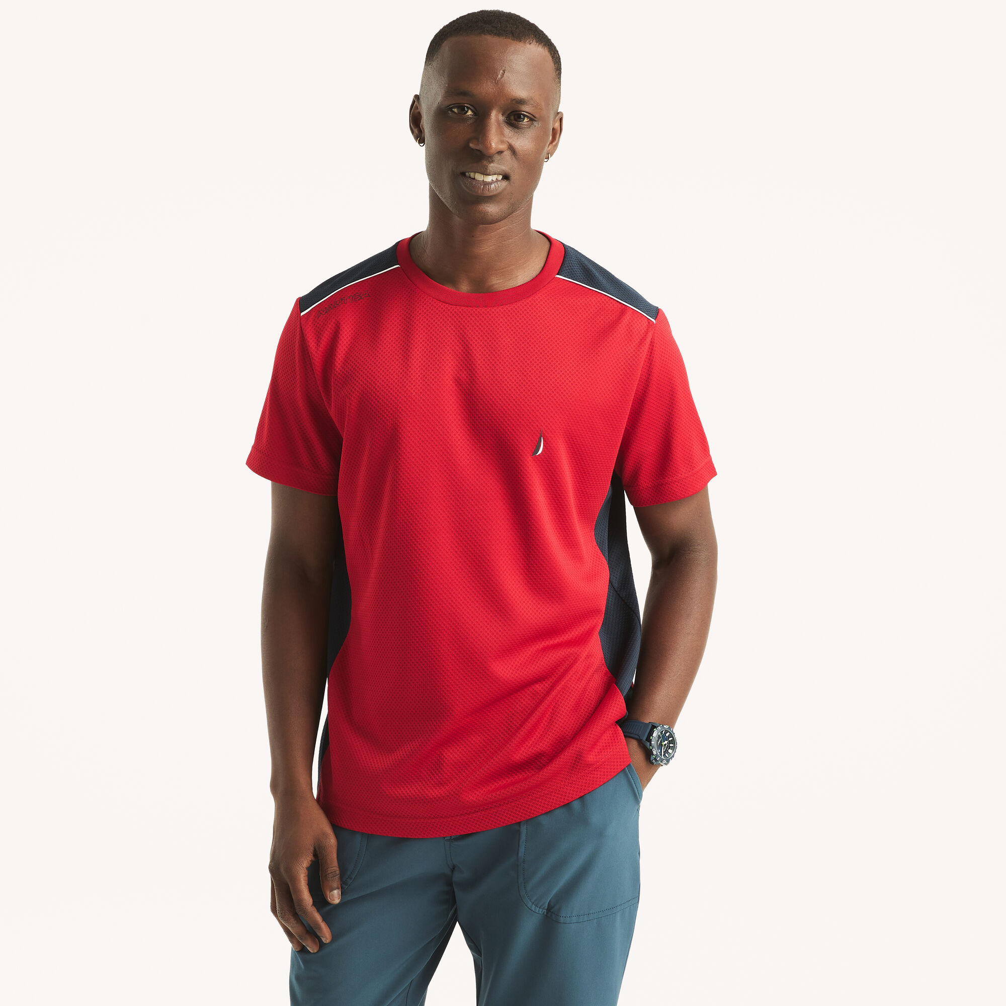 Navtech Pieced Crewneck T-Shirt,Nautica Red,large