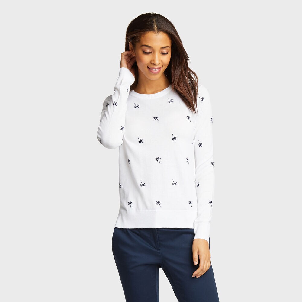 Classic Fit Cotton & Modal Sweater in Palm Pattern,Bright White,large