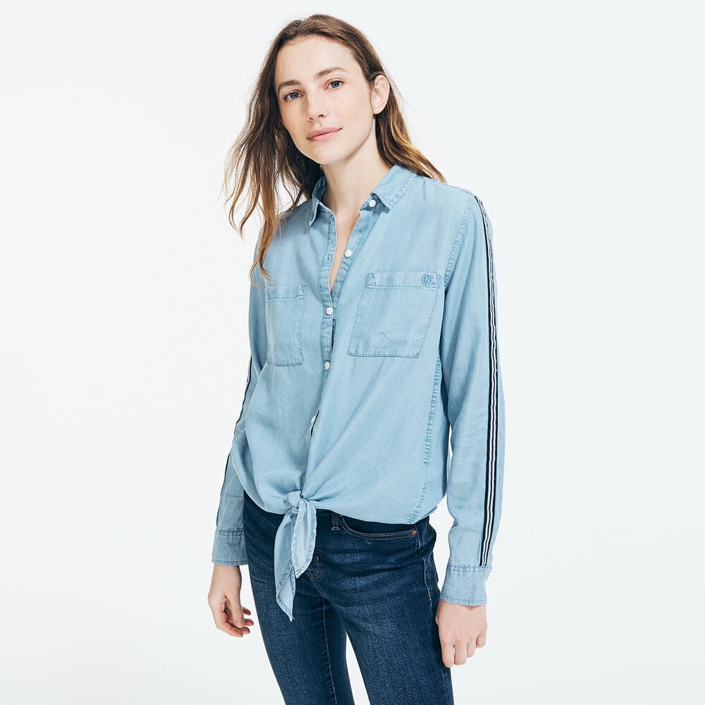 NAUTICA JEANS CO. STRIPE TRIM TIE-FRONT DENIM SHIRT,Aqua Splash,large