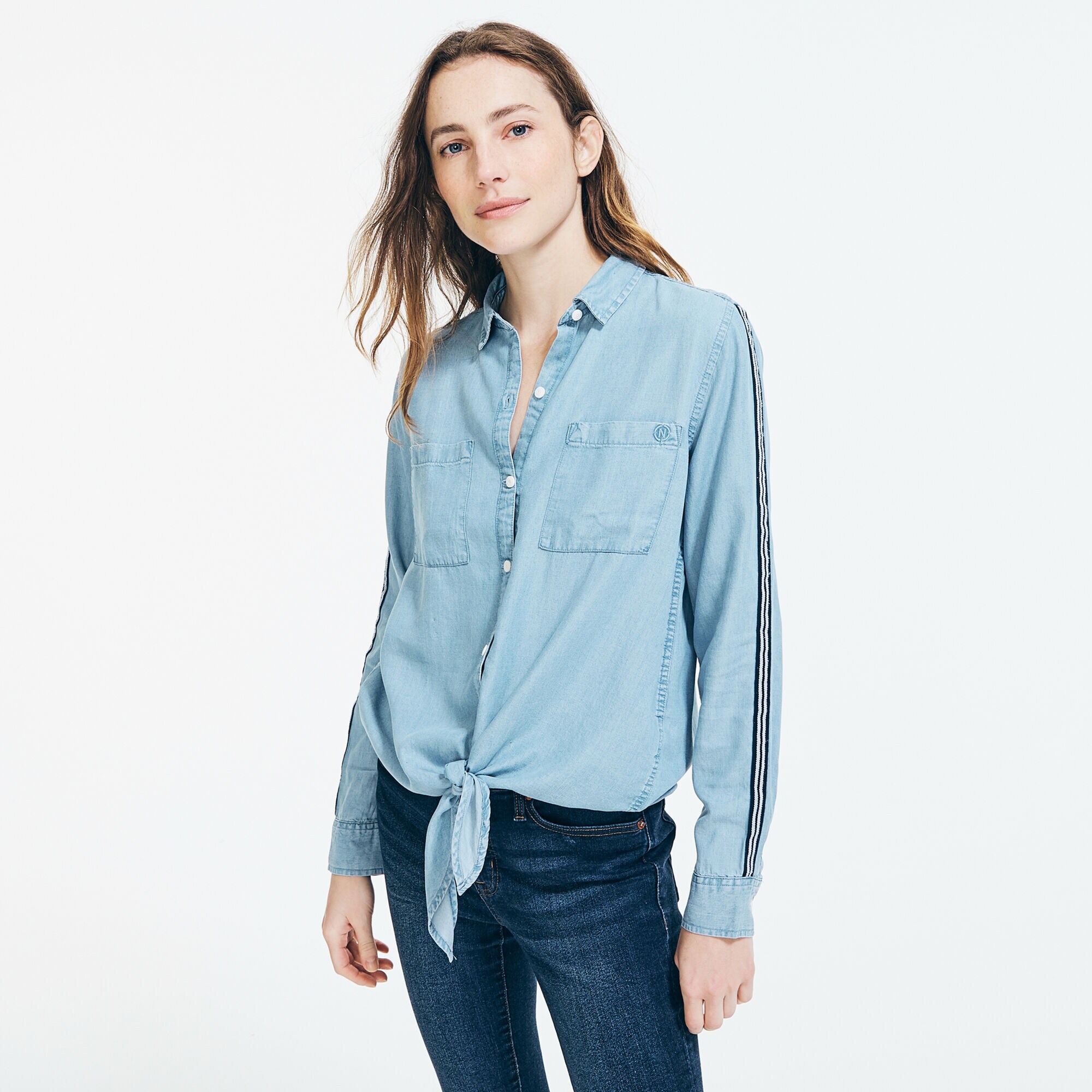 NAUTICA JEANS CO. STRIPE TRIM TIE-FRONT DENIM SHIRT,Aqua Splash,large