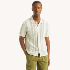 Textured Striped Button-Up Sweater Polo,Nautica Stone,large