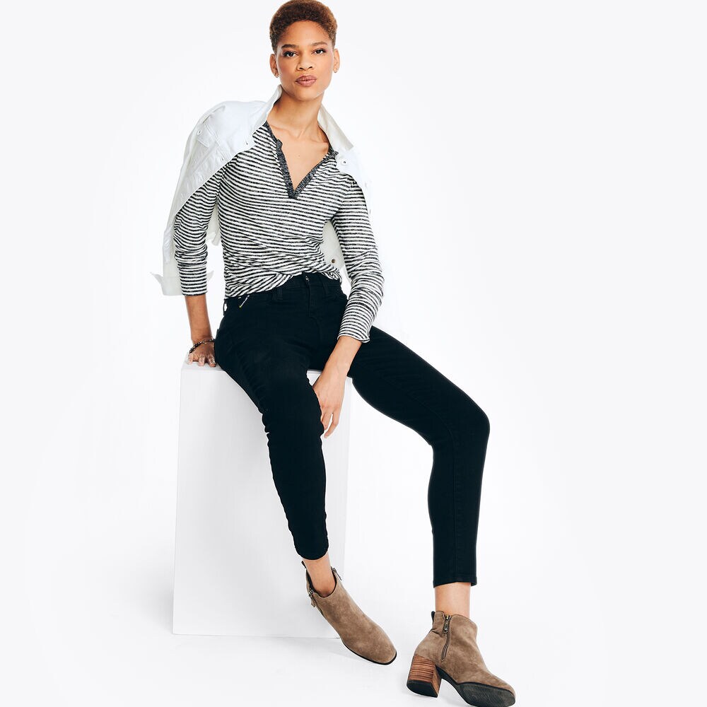 Notch-Neck Striped Long-Sleeve Top,True Black,large