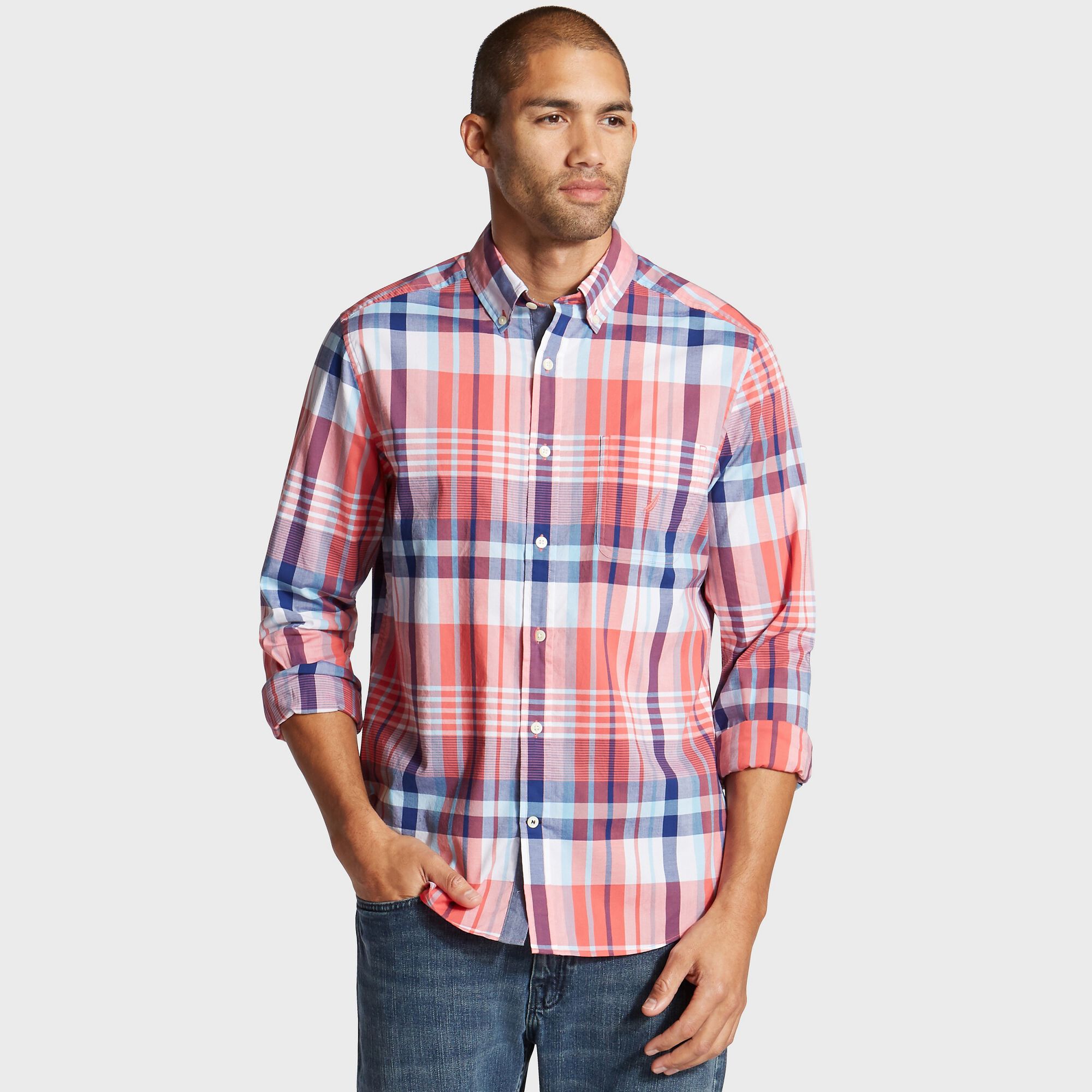 Classic Fit Shirt in Plaid,Spiced Coral,large