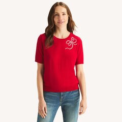 Bow Short-Sleeve Sweater,Dreamy Coral,large