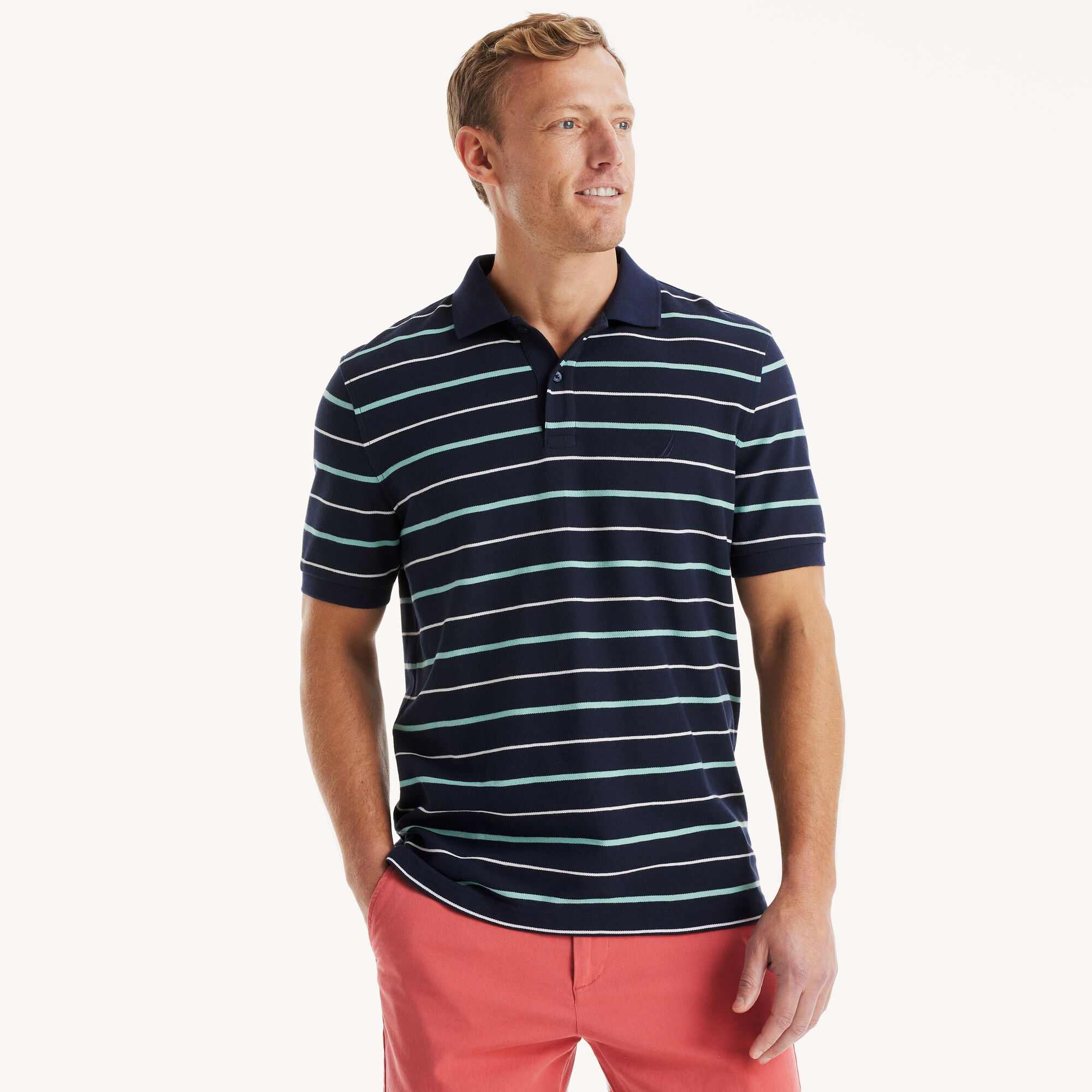 Classic Fit Striped Deck Polo,Stellar Blue Heather,large