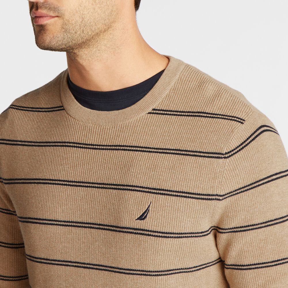 NAVTECH STRIPED CREWNECK SWEATER,Camel Heather,large