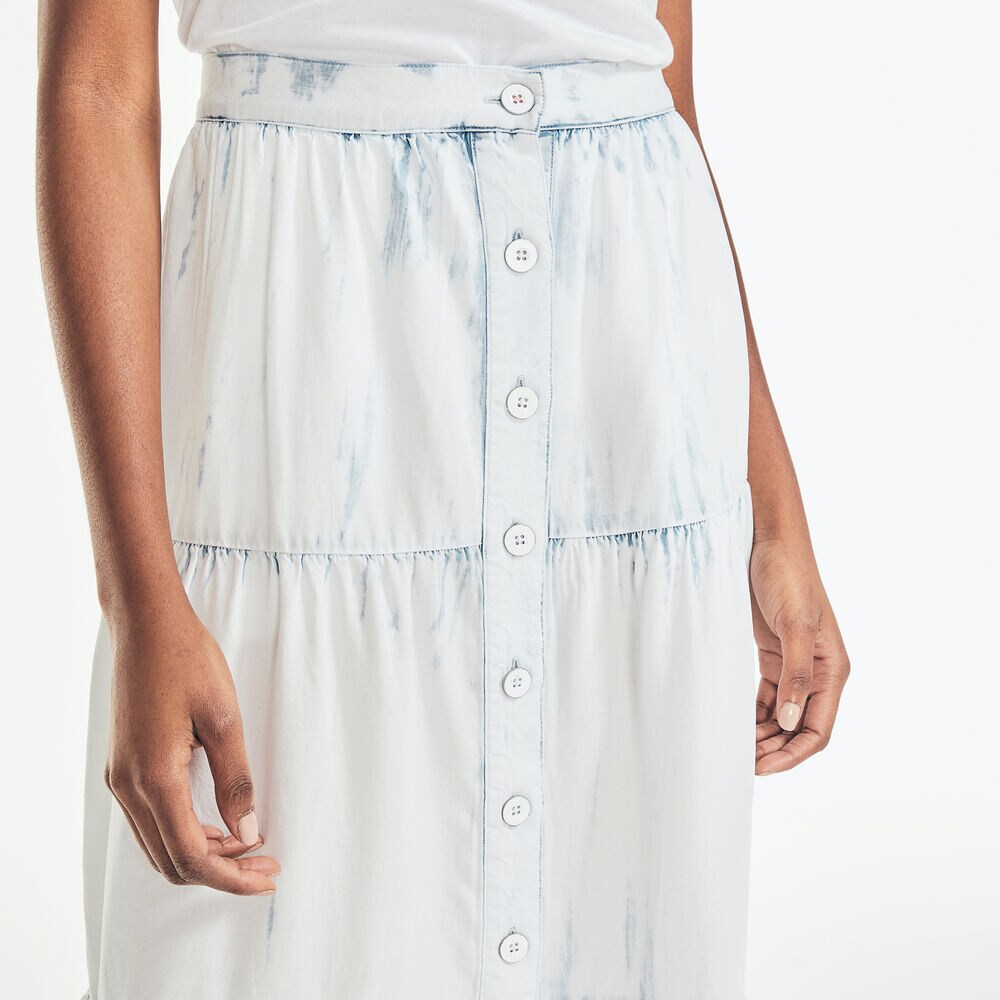 SUSTAINABLY CRAFTED TIERED MIDI SKIRT,Classic Blue,large