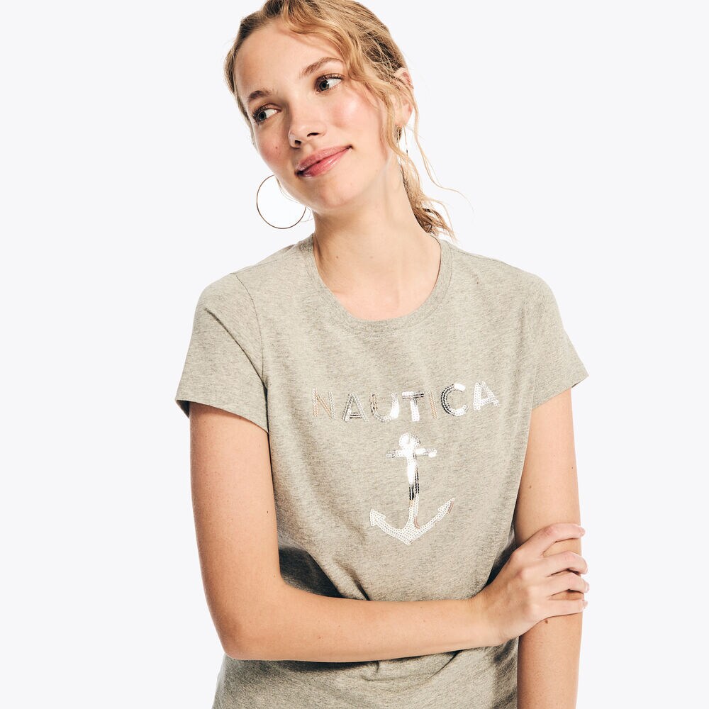 SEQUIN ANCHOR GRAPHIC T-SHIRT,Grey Heather,large