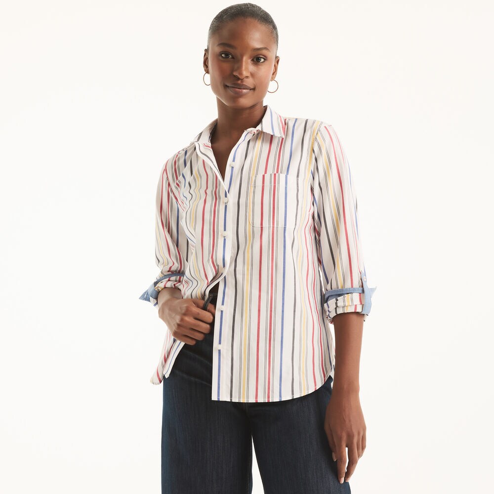 Striped Button-Down Shirt,Bright White,large
