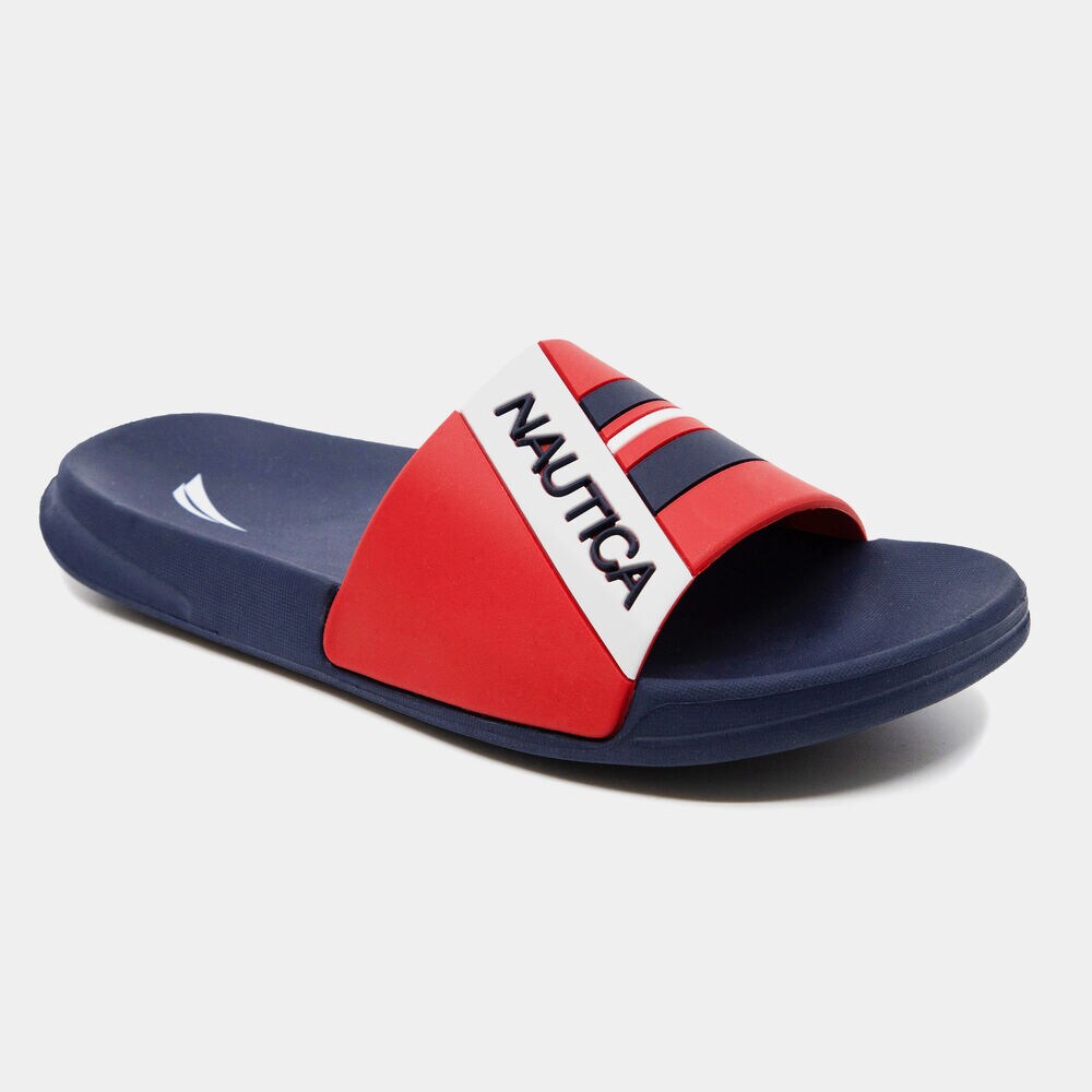ADDEY STRIPE LOGO SLIDE SANDALS,Navy,large
