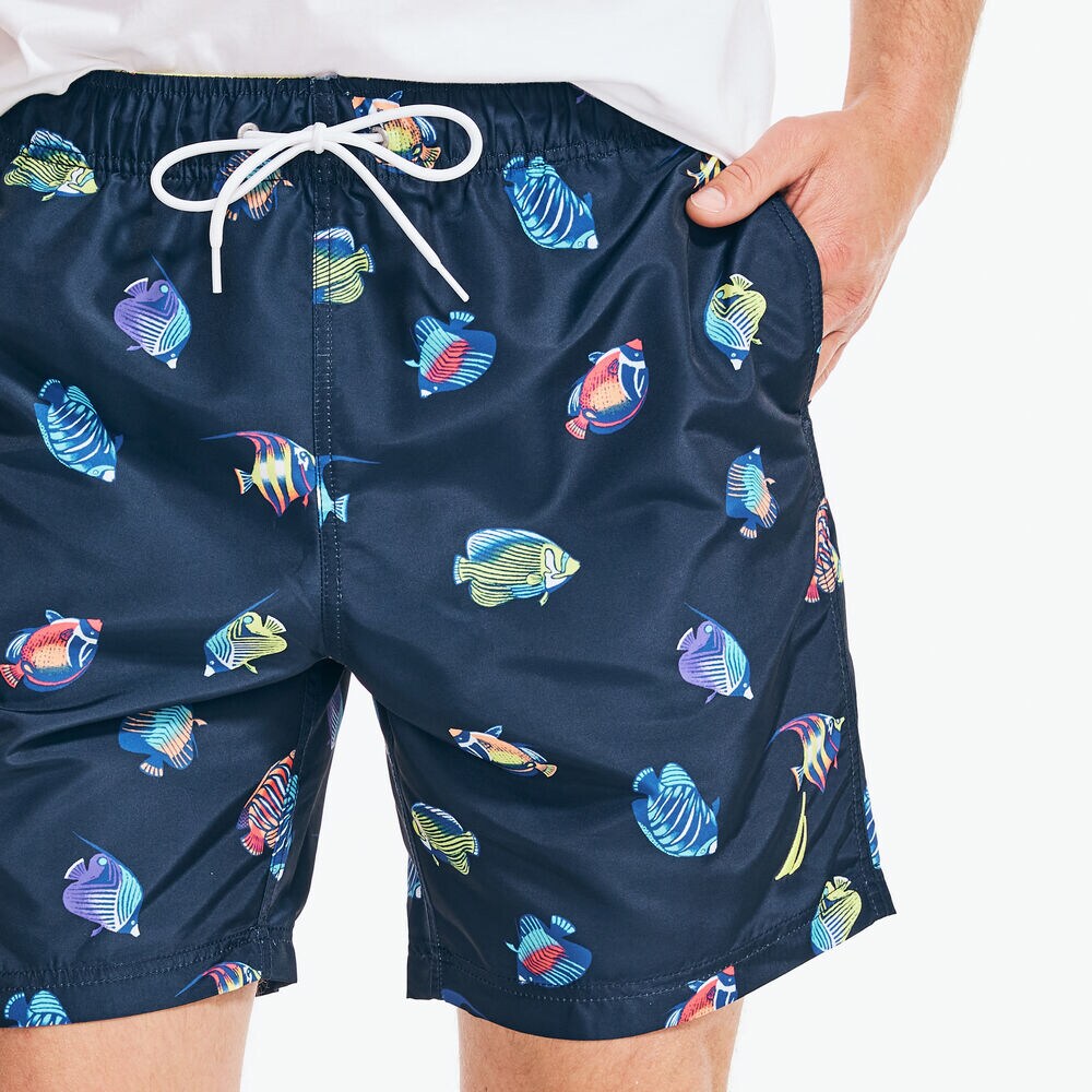 8" TROPICAL FISH PRINT SWIM SHORTS,Navy,large