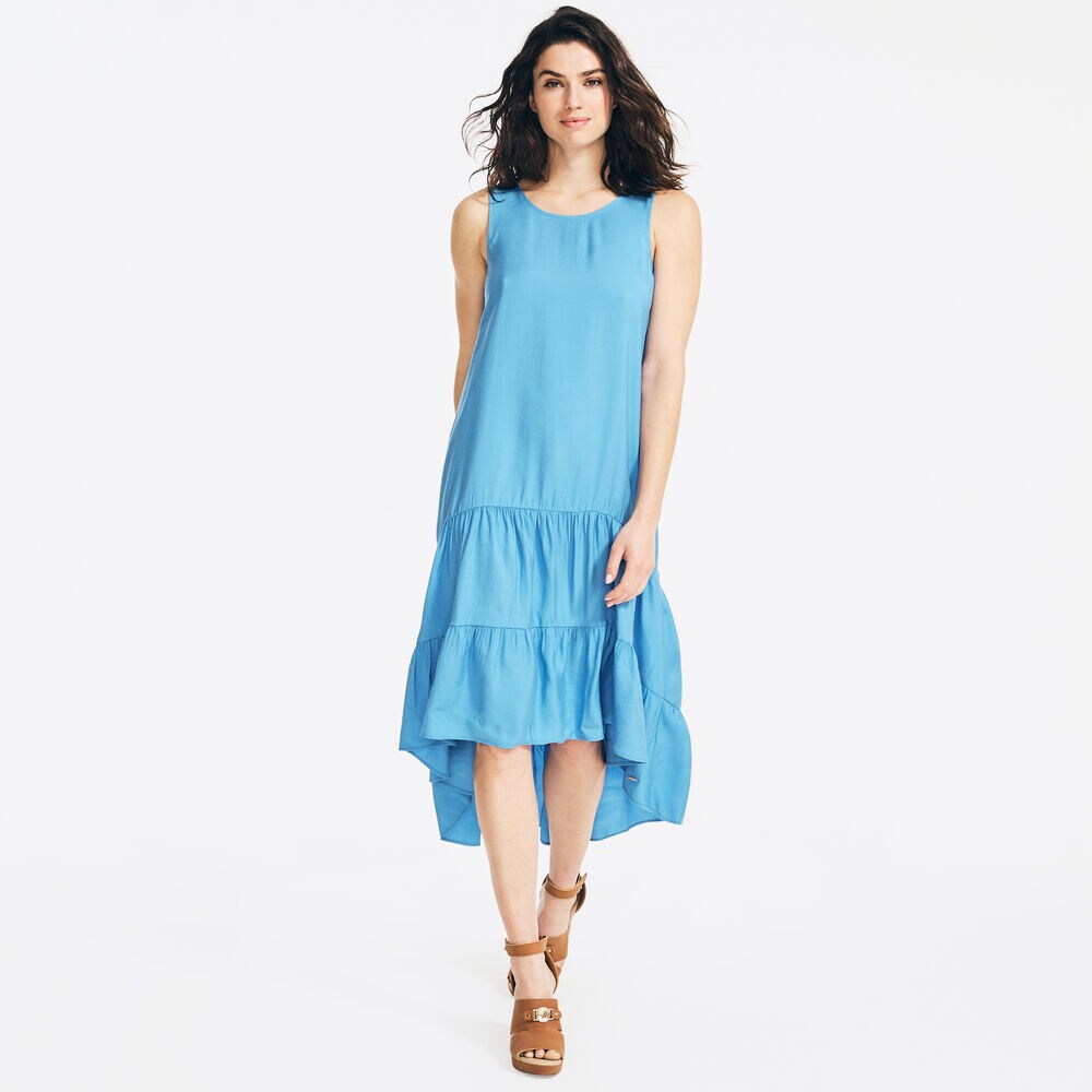 SUSTAINABLY CRAFTED TIERED HIGH-LOW DRESS,Distressed Blue Wash,large