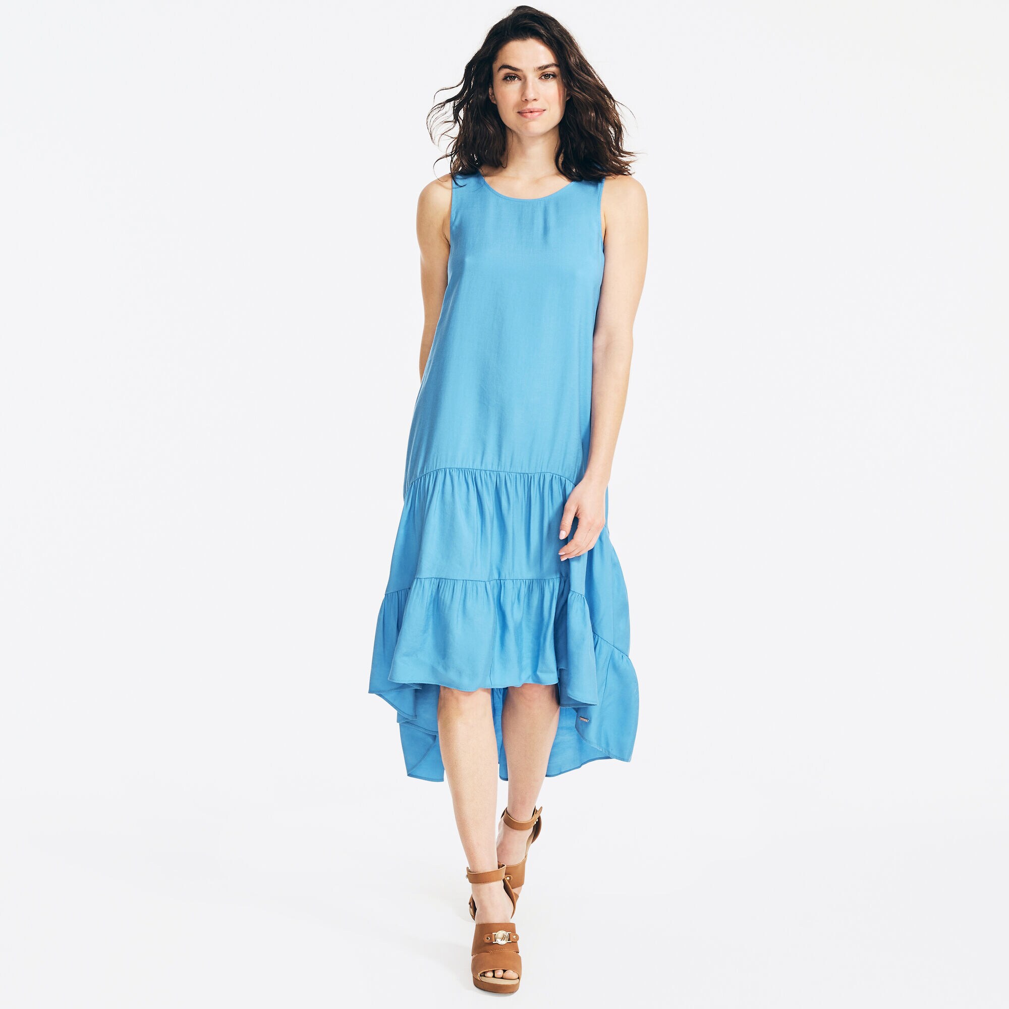 SUSTAINABLY CRAFTED TIERED HIGH-LOW DRESS,Distressed Blue Wash,large