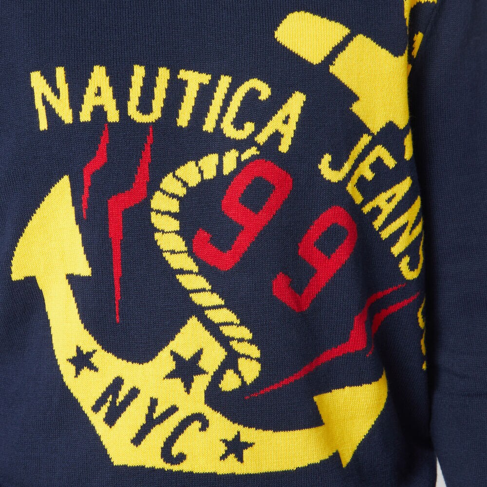 NAUTICA JEANS CO. INTARSIA GRAPHIC SWEATER,Navy,large