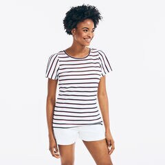 STRIPED PUFF-SLEEVE TOP,Bright White,large