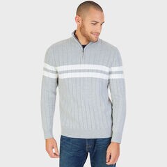 Double Stripe Ribbed Quarter Zip Sweater,Grey Heather,large