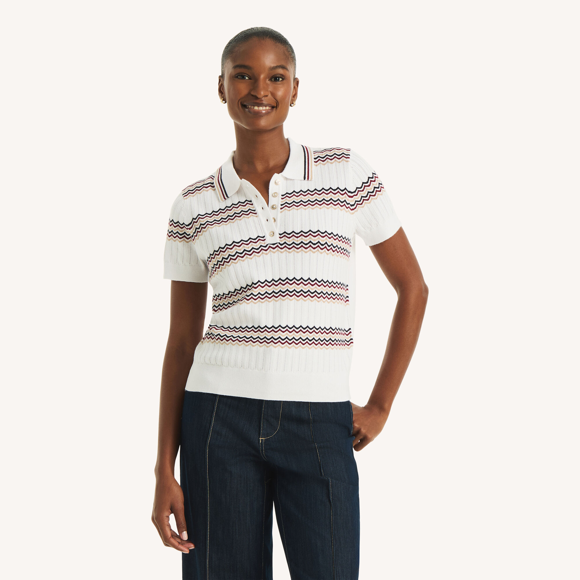 Short-Sleeve Striped Polo Sweater,Dune Dust,large
