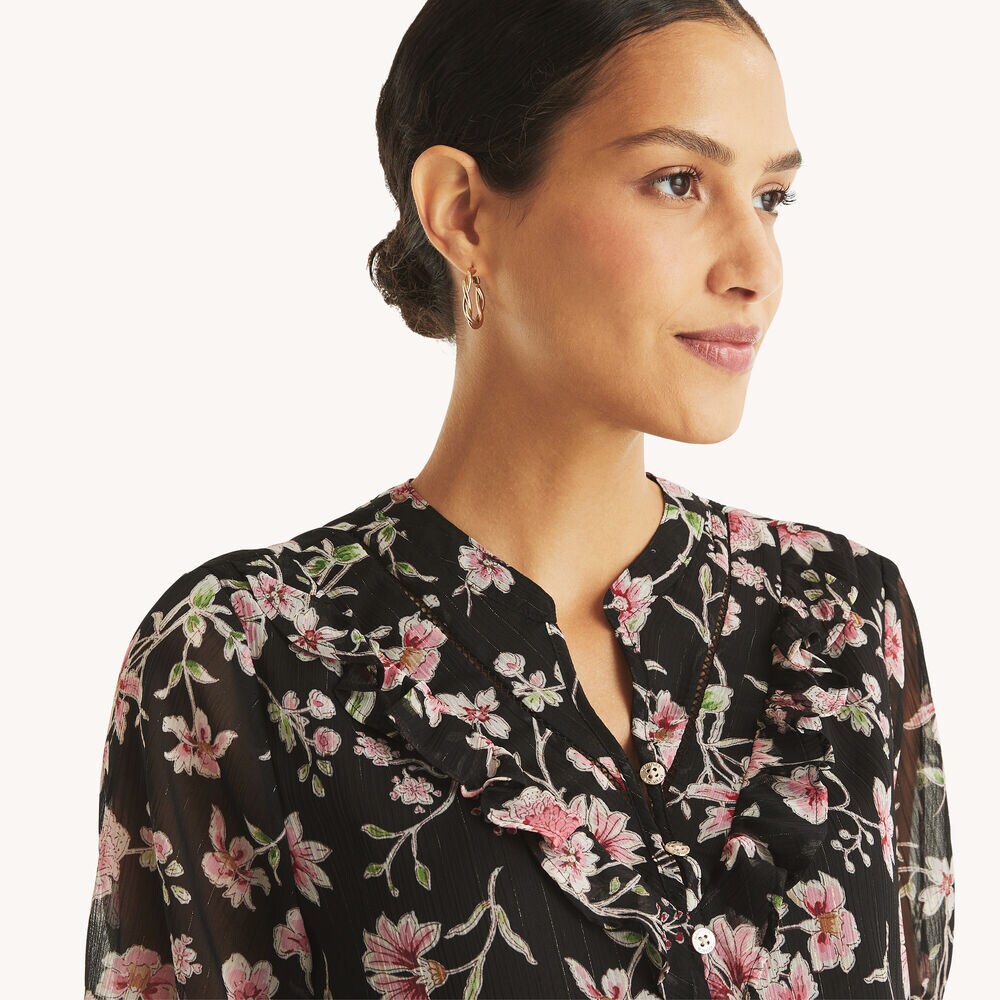 Floral-Print Ruffle Popover Top,True Black,large