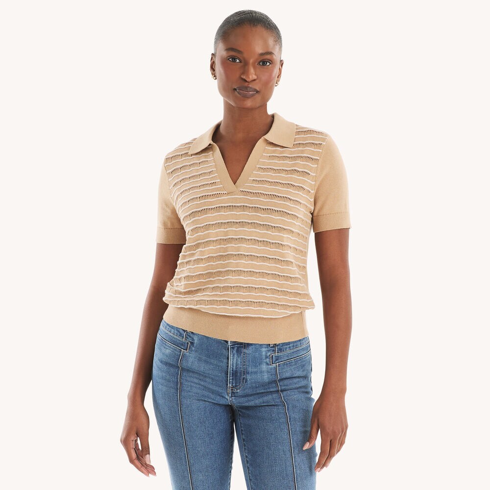 Wave Stitch Short-Sleeve Sweater,Woodrift Flax,large