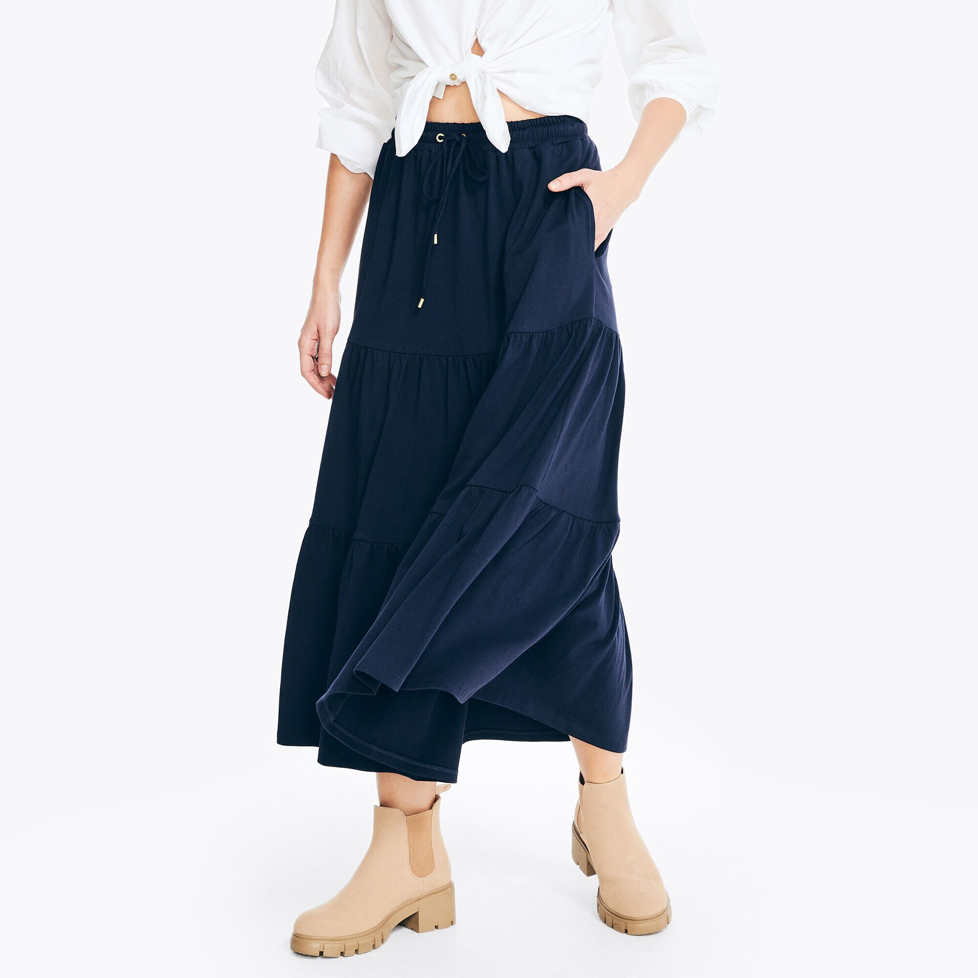 Sustainably Crafted Tiered Midi Skirt,Stellar Blue Heather,large