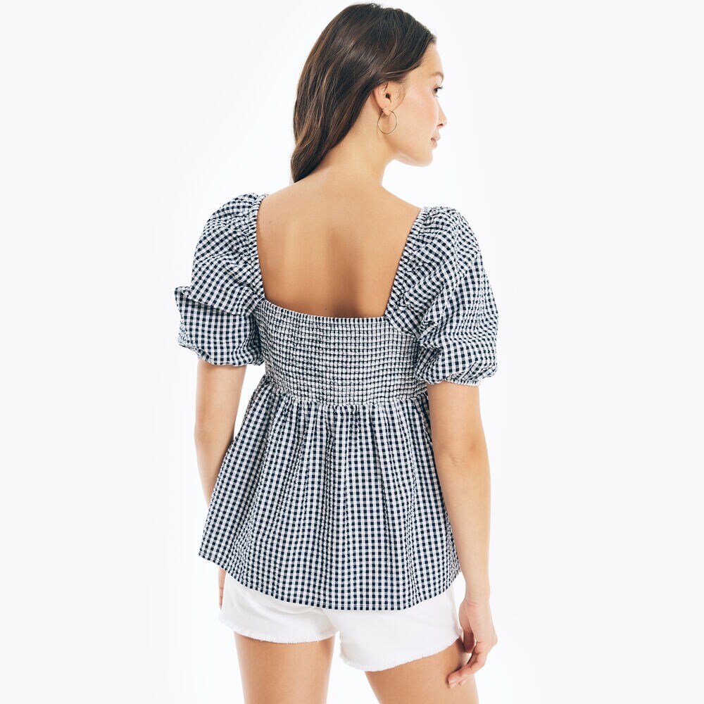 GINGHAM SMOCKED TOP,Stellar Blue Heather,large