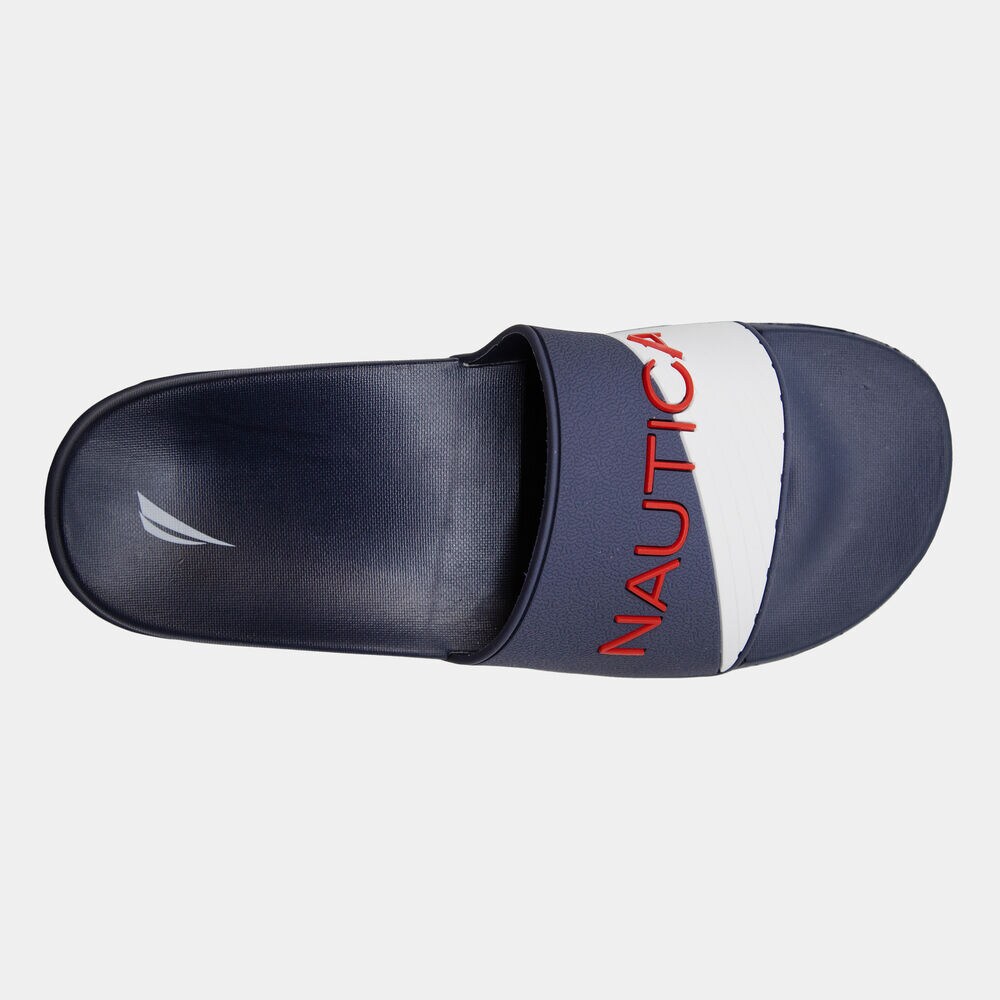 TEXTURED COLORBLOCK LOGO SLIDE SANDALS,Ice Blue,large