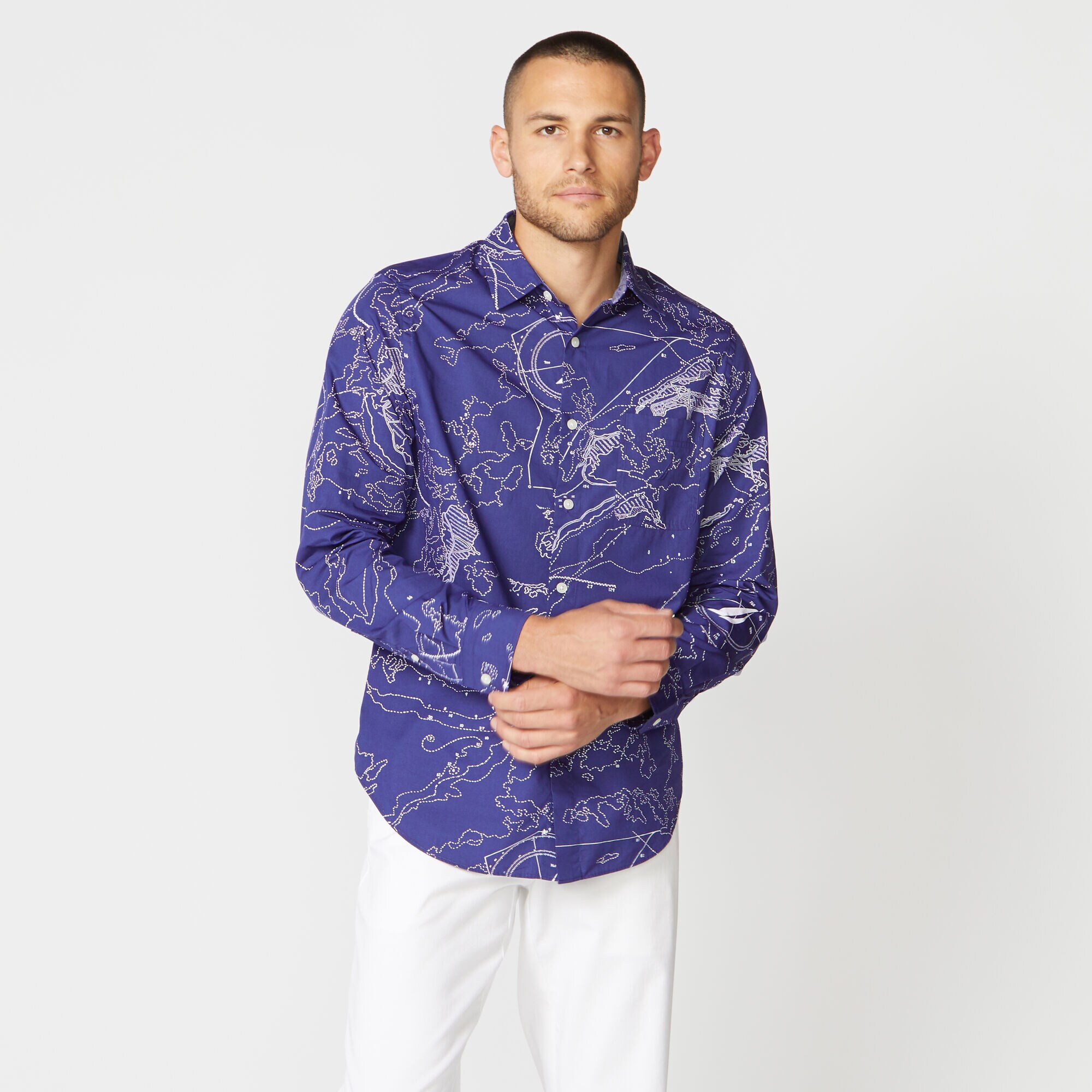 CLASSIC FIT MAP PRINT POPLIN SHIRT,Blue Depths,large