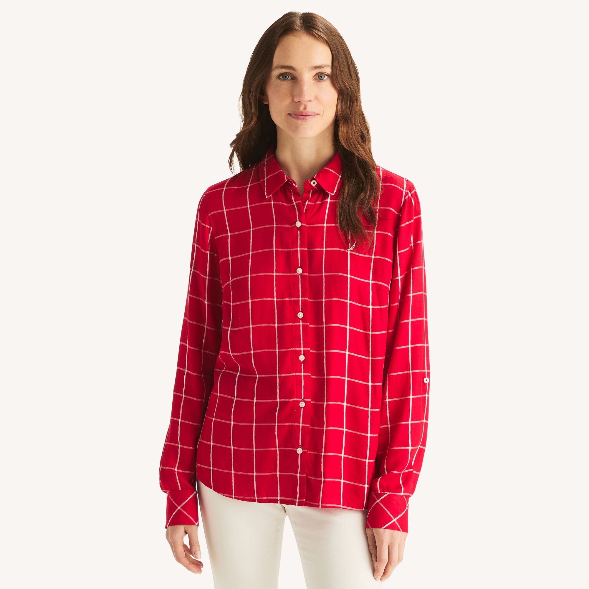 Grid Button-Up Shirt,Classic Red,large