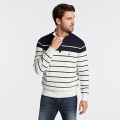 QUARTER ZIP NAVTECH SWEATER IN ENGINEERED STRIPE,Marshmallow,large