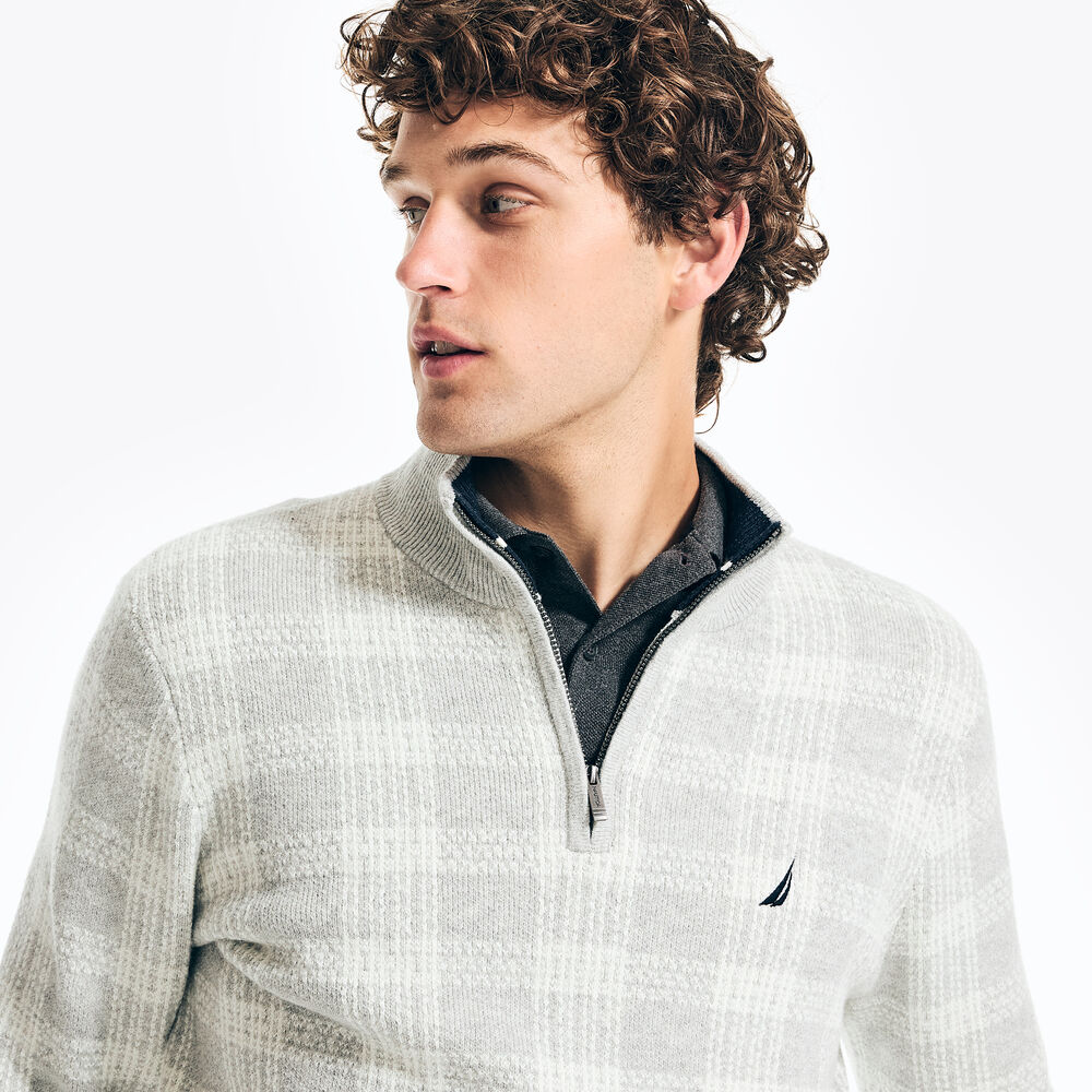 QUARTER-ZIP PLAID SWEATER,Grey Heather,large