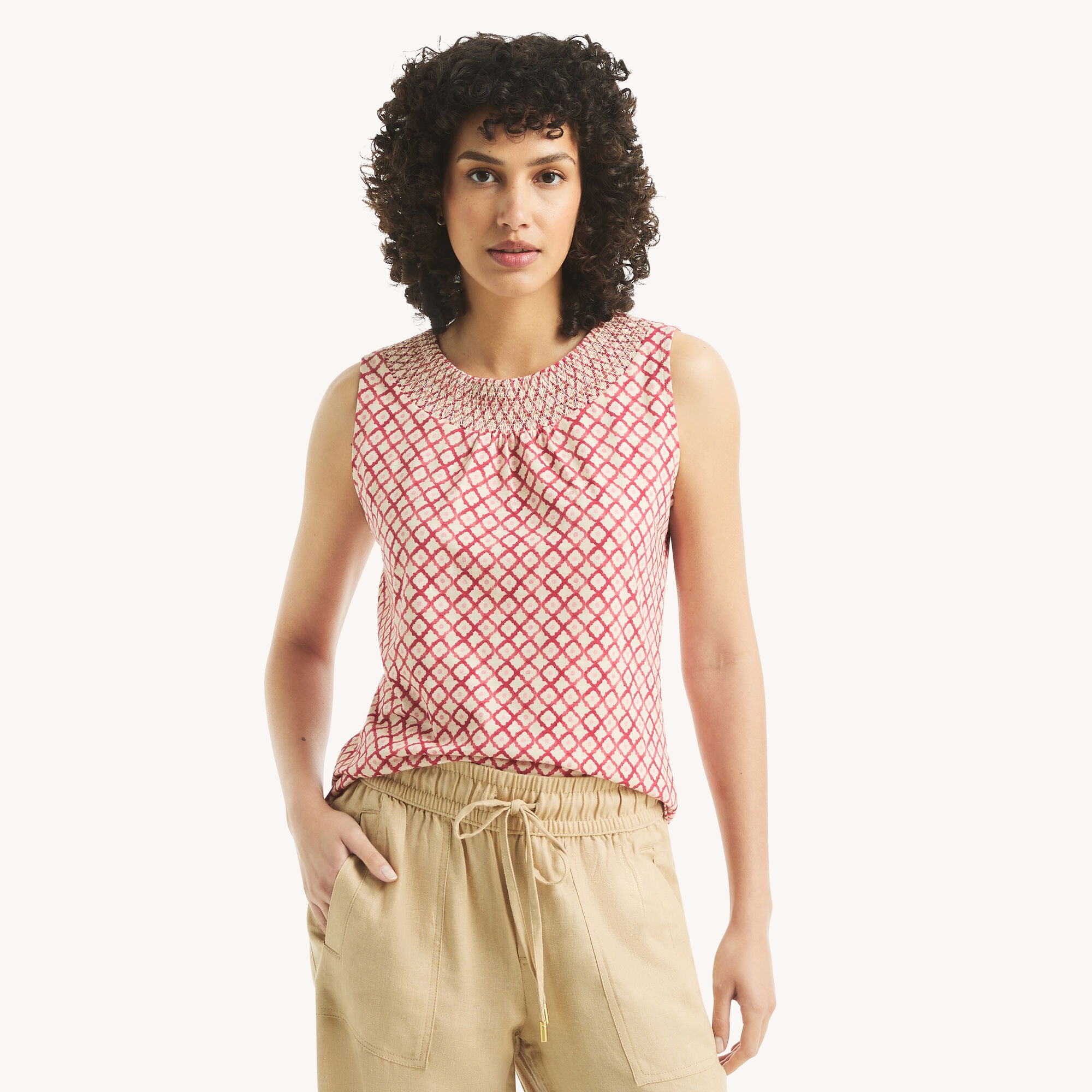 Printed Smocked Tank Top,Cranberry,large